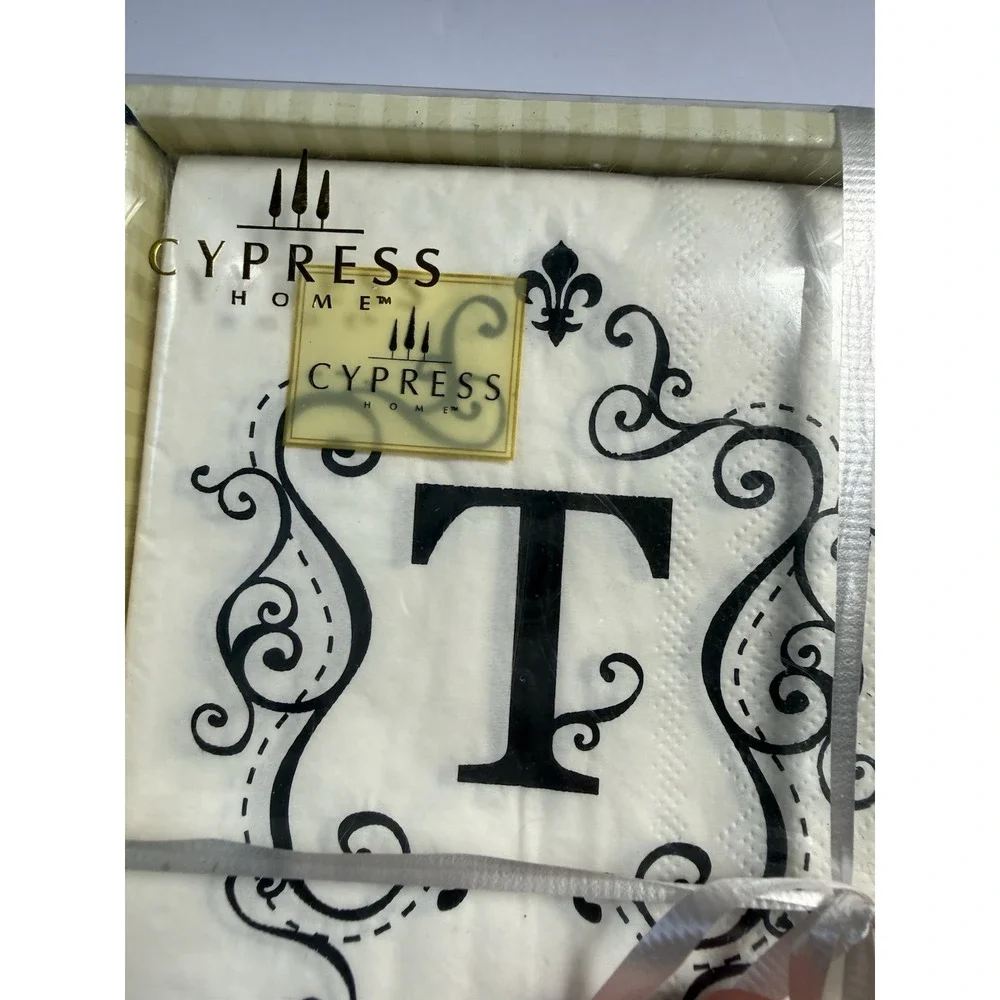Cypress Home Monogram T Etched Wine Stopper & 45 Guest Napkins Gift Box ZBP18171